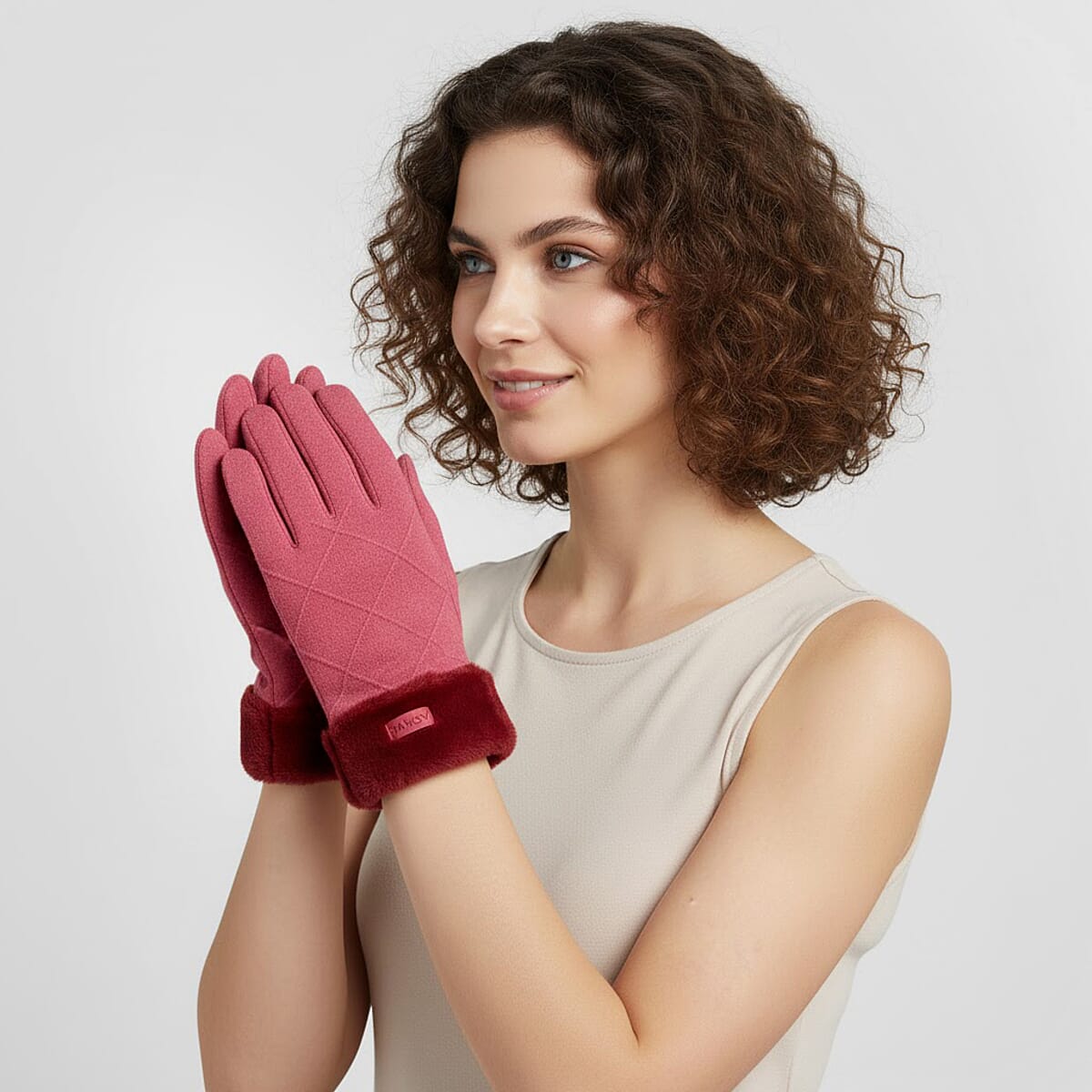 Doorbuster Tamsy Pink Cashmere Wool Gloves with 2 Fingers Screen Touch and Fur Cuff image number 1