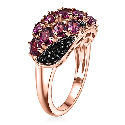 EverTrue Orissa Rhodolite Garnet and Thai Black Spinel 3.30 ctw Crimson Leaf Elegance Ring in 18K RG Plated (Size 10.0)