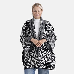 TAMSY White Tile Double Knit Jacquard Cardigan with Shawl Collar - One Size Fits Most
