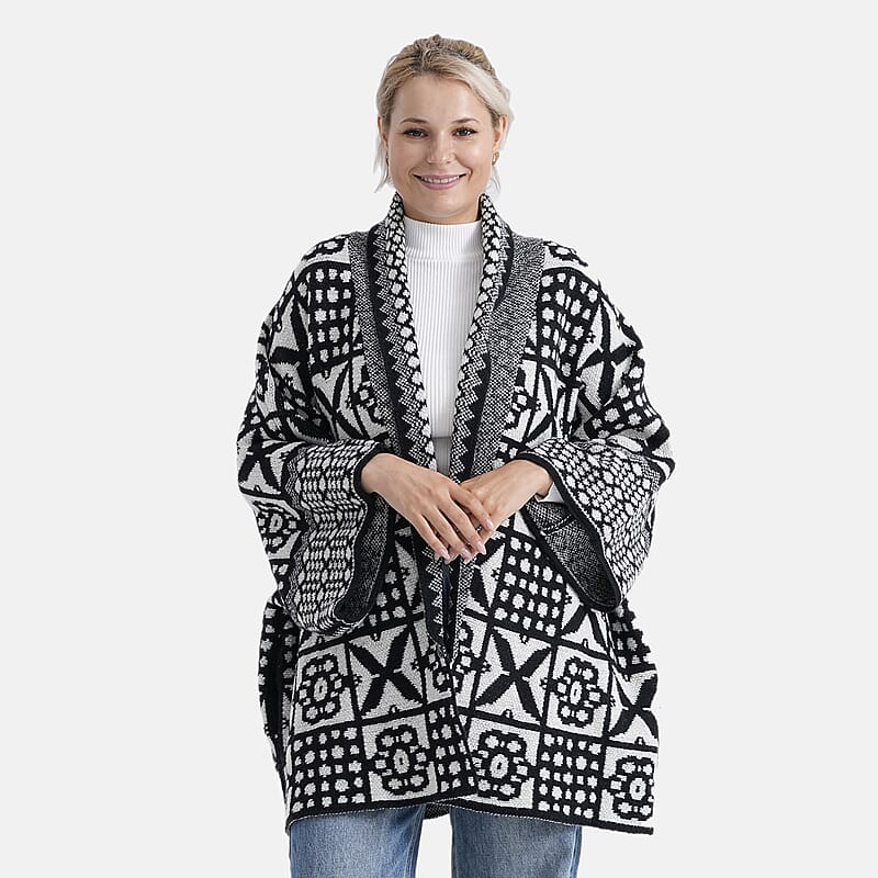 TAMSY White Tile Double Knit Jacquard Cardigan with Shawl Collar - One Size Fits Most