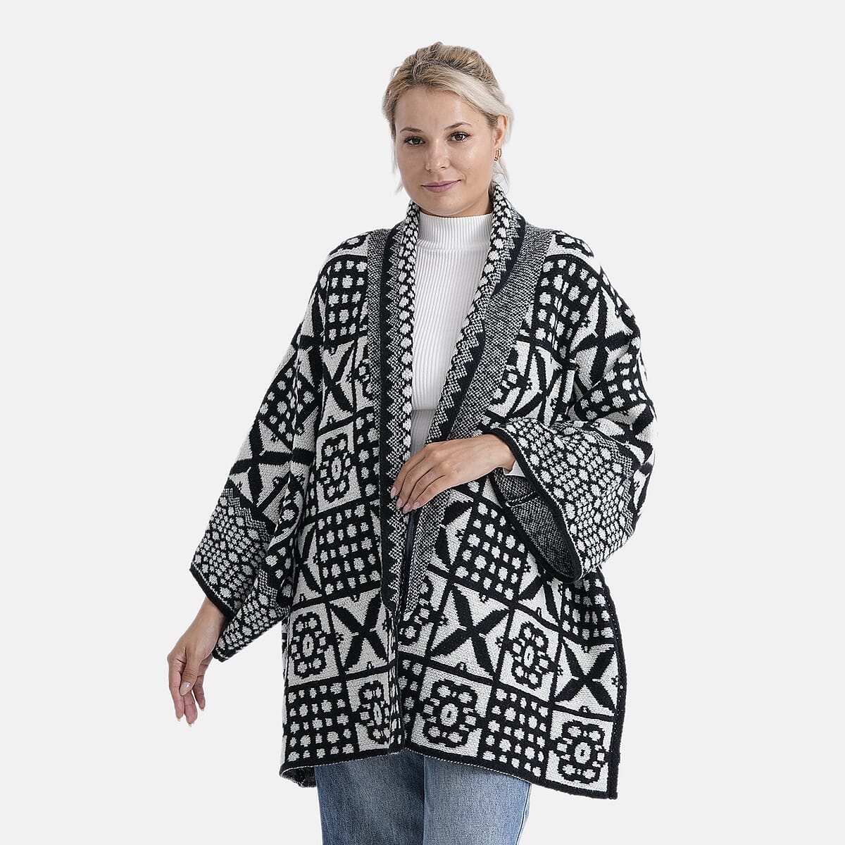 TAMSY White Tile Double Knit Jacquard Cardigan with Shawl Collar - One Size Fits Most image number 2