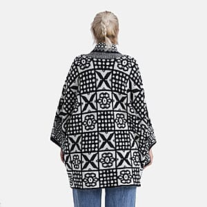 TAMSY White Tile Double Knit Jacquard Cardigan with Shawl Collar - One Size Fits Most