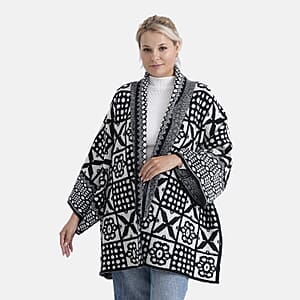TAMSY White Tile Double Knit Jacquard Cardigan with Shawl Collar - One Size Fits Most
