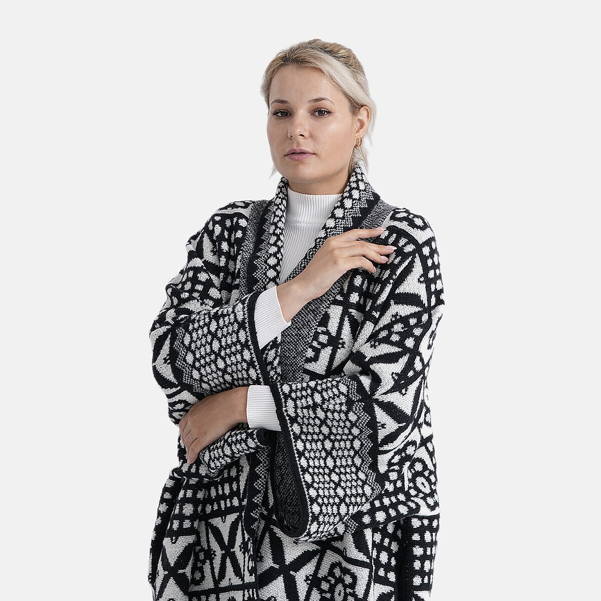 TAMSY White Tile Double Knit Jacquard Cardigan with Shawl Collar - One Size Fits Most image number 4