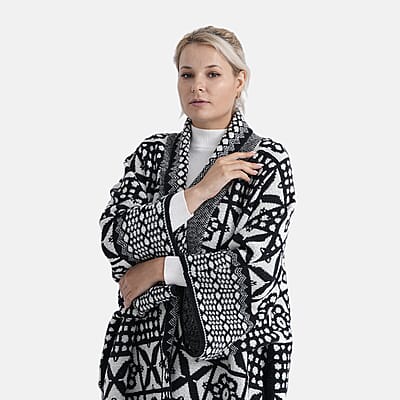 TAMSY White Tile Double Knit Jacquard Cardigan with Shawl Collar - One Size Fits Most