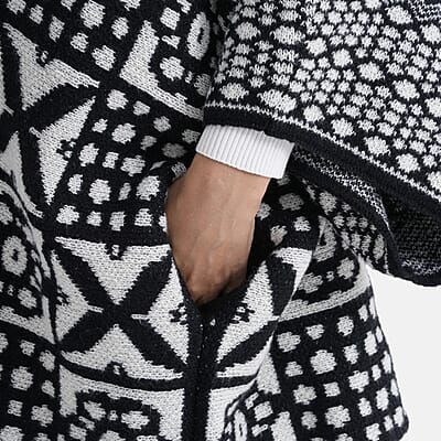 TAMSY White Tile Double Knit Jacquard Cardigan with Shawl Collar - One Size Fits Most