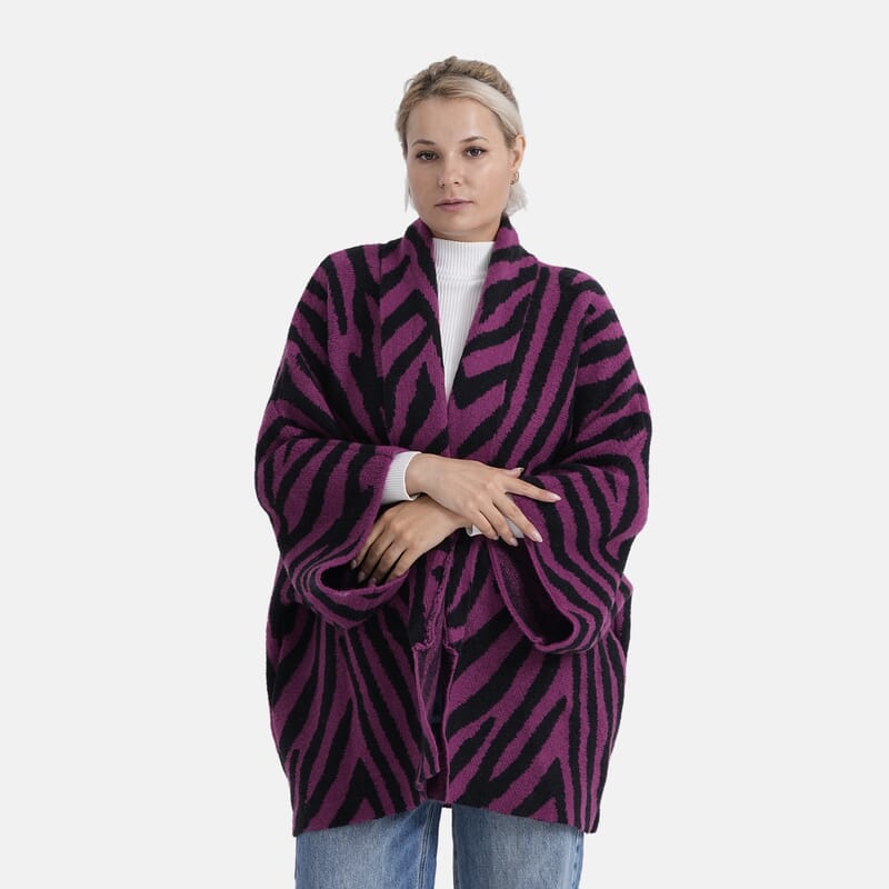 TAMSY Magenta Zebra Double Knit Jacquard Cardigan with Shawl Collar - One Size Fits Most
