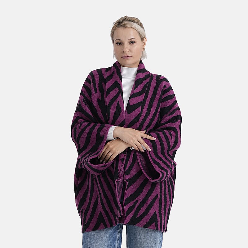 TAMSY Magenta Zebra Double Knit Jacquard Cardigan with Shawl Collar - One Size Fits Most