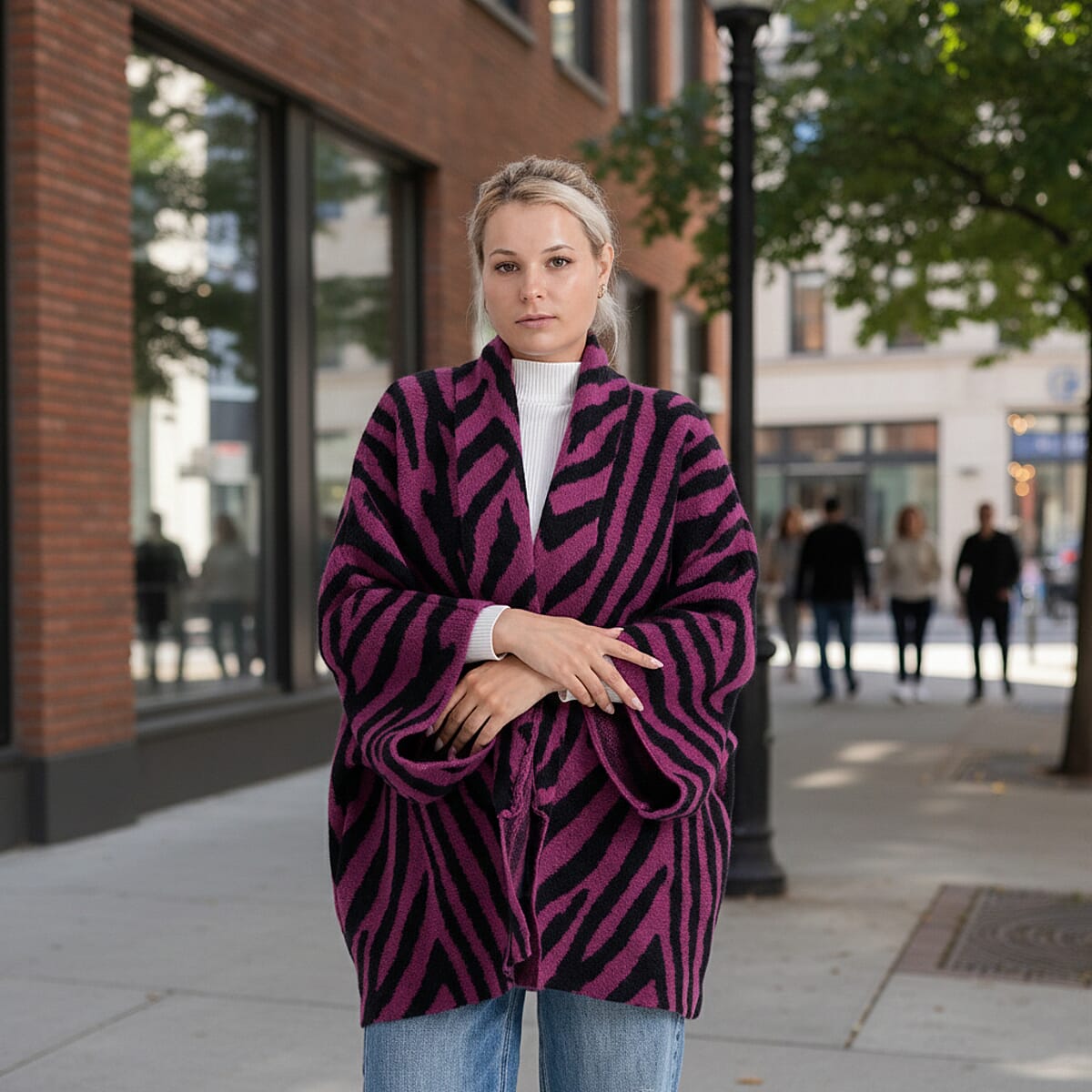 TAMSY Magenta Zebra Double Knit Jacquard Cardigan with Shawl Collar - One Size Fits Most image number 1