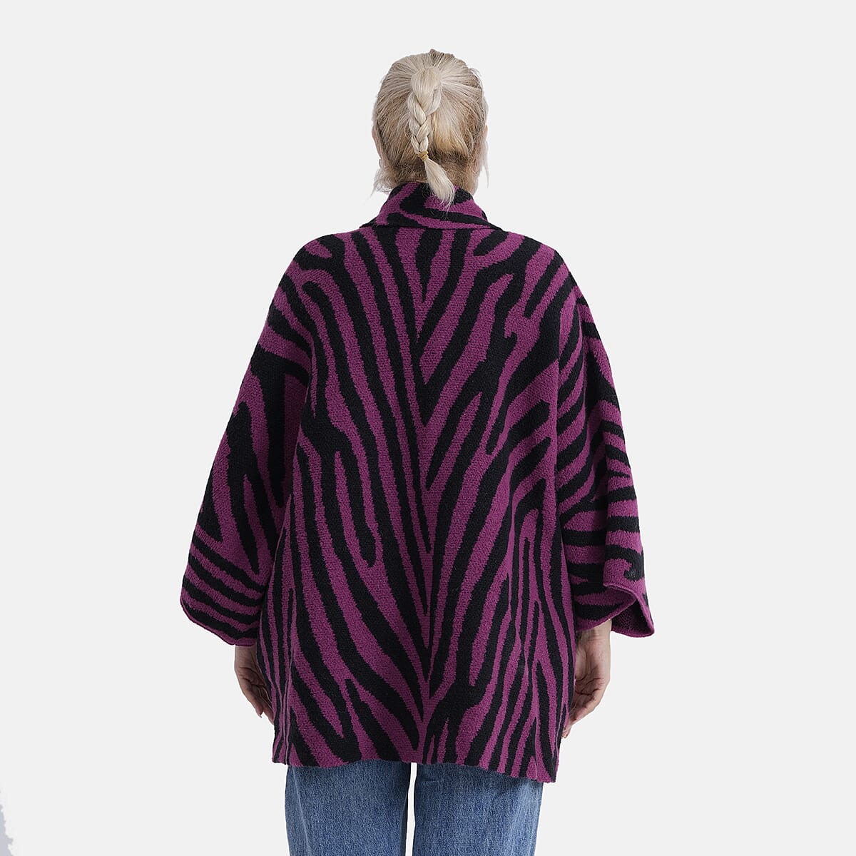 TAMSY Magenta Zebra Double Knit Jacquard Cardigan with Shawl Collar - One Size Fits Most image number 2