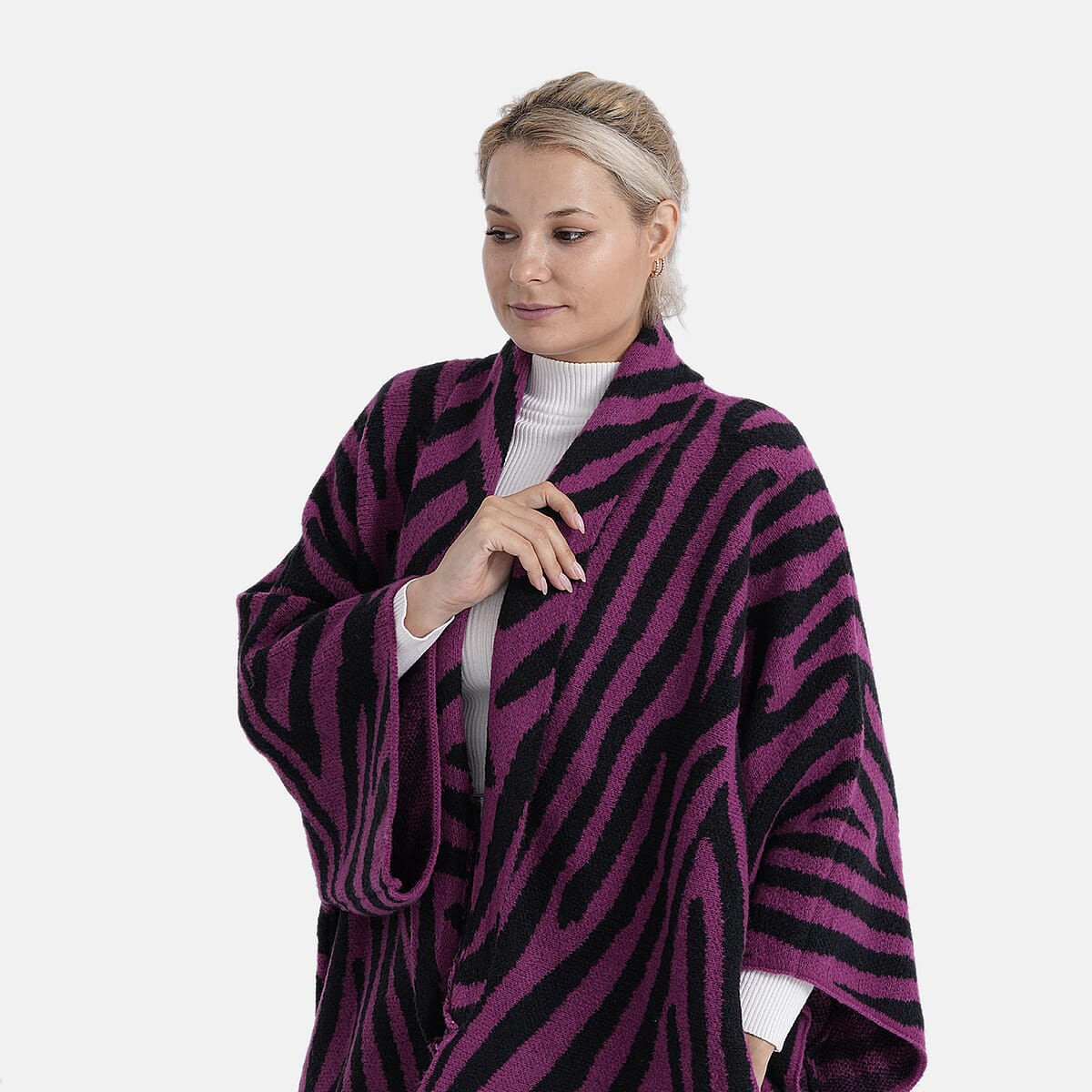TAMSY Magenta Zebra Double Knit Jacquard Cardigan with Shawl Collar - One Size Fits Most image number 4