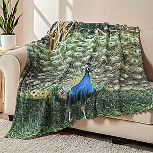 Livmore Green Peacock Pattern Digital Printed Flannel Blanket