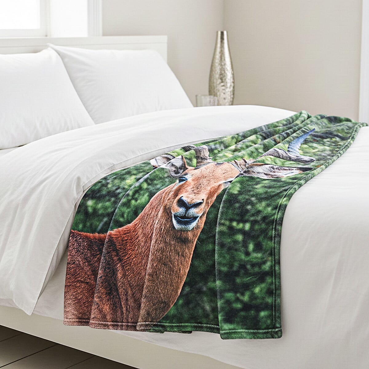 Livmore Green Digital Printed Flannel Blanket with Deer Pattern image number 1