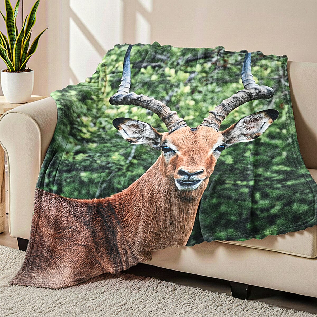 Livmore Green Digital Printed Flannel Blanket with Deer Pattern image number 2