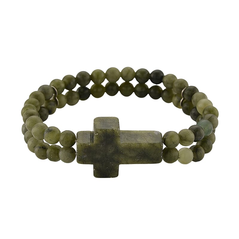 Connemara Marble 130.00 ctw Line of faith Beaded Stretch Bracelet with Cross Charm
