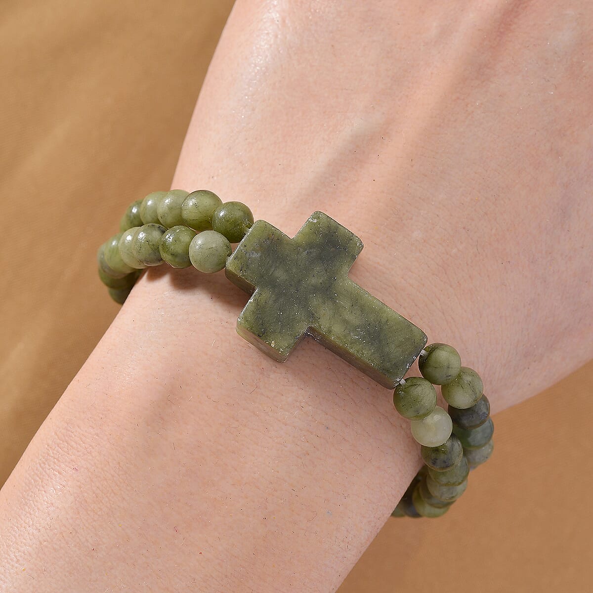 Connemara Marble 130.00 ctw Beaded Stretch Bracelet with Cross Charm image number 1