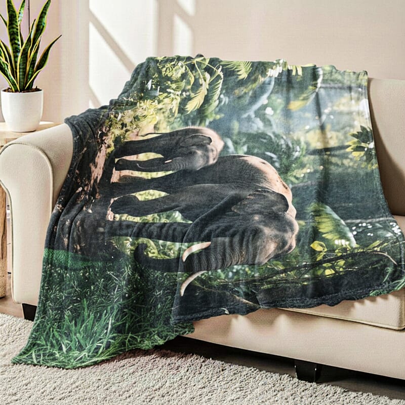 Livmore Blue Elephant Pattern Digital Printed Flannel Blanket