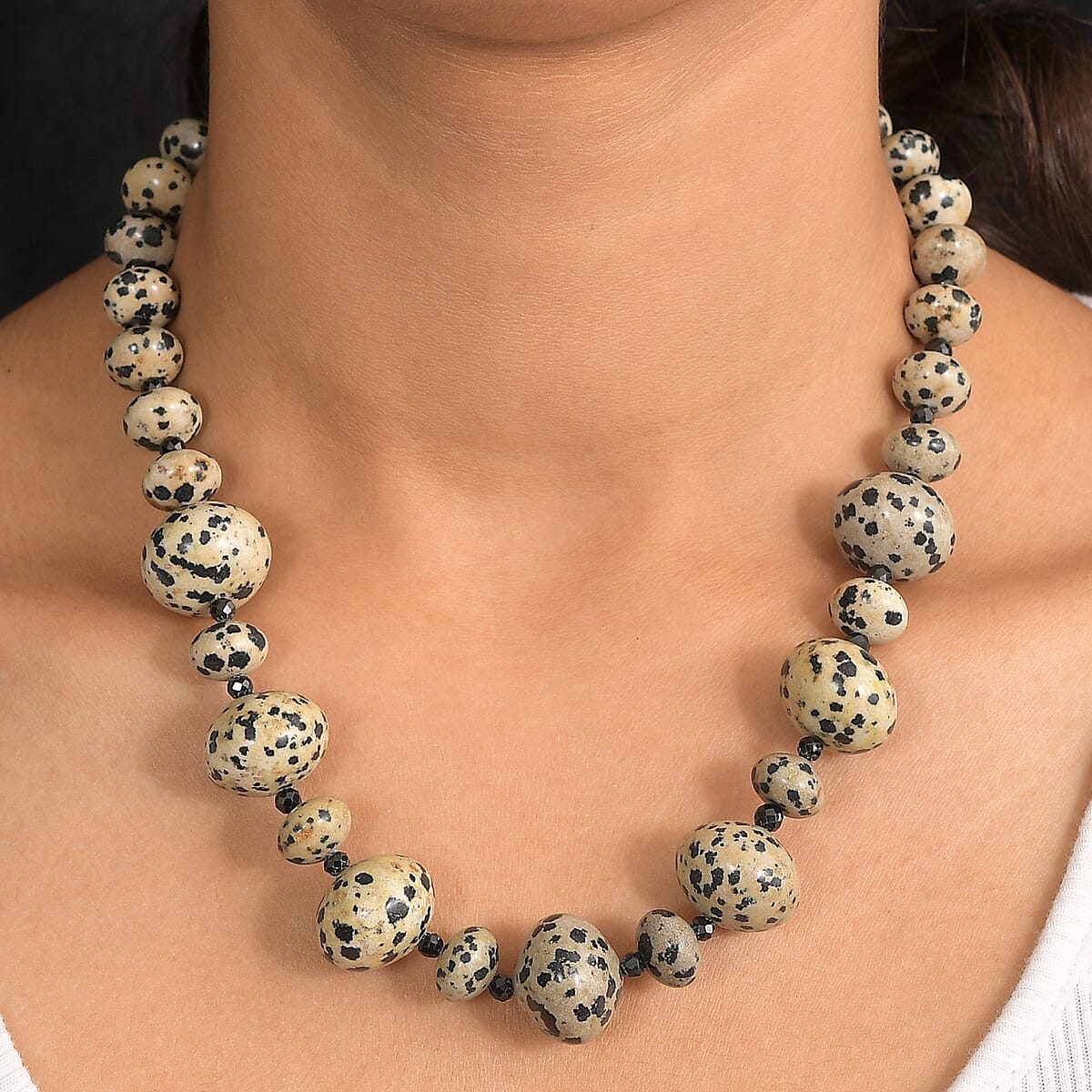 EverTrue Dalmation Jasper and Thai Black Spinel 518.00 ctw Beaded Necklace 18 Inches in Platinum Bond image number 2