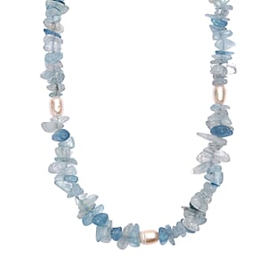 Aquamarine Chips 275.00 ctw and Freshwater Pearl Necklace 28 Inches
