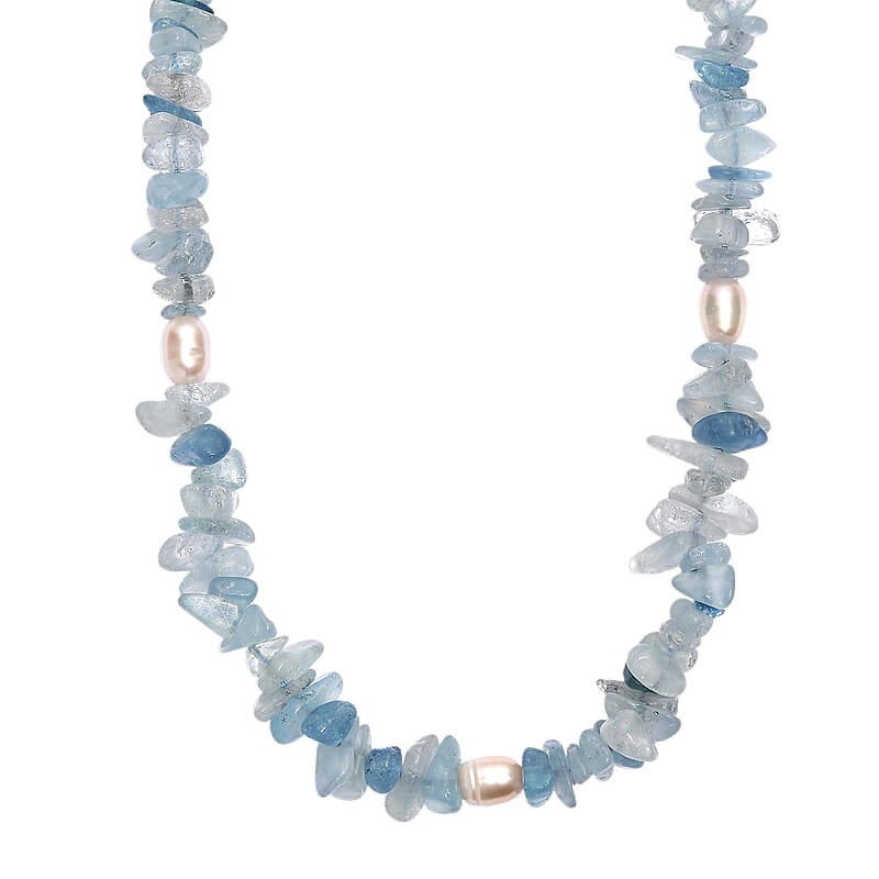 Aquamarine Chips 275.00 ctw and Freshwater Pearl Necklace 28 Inches