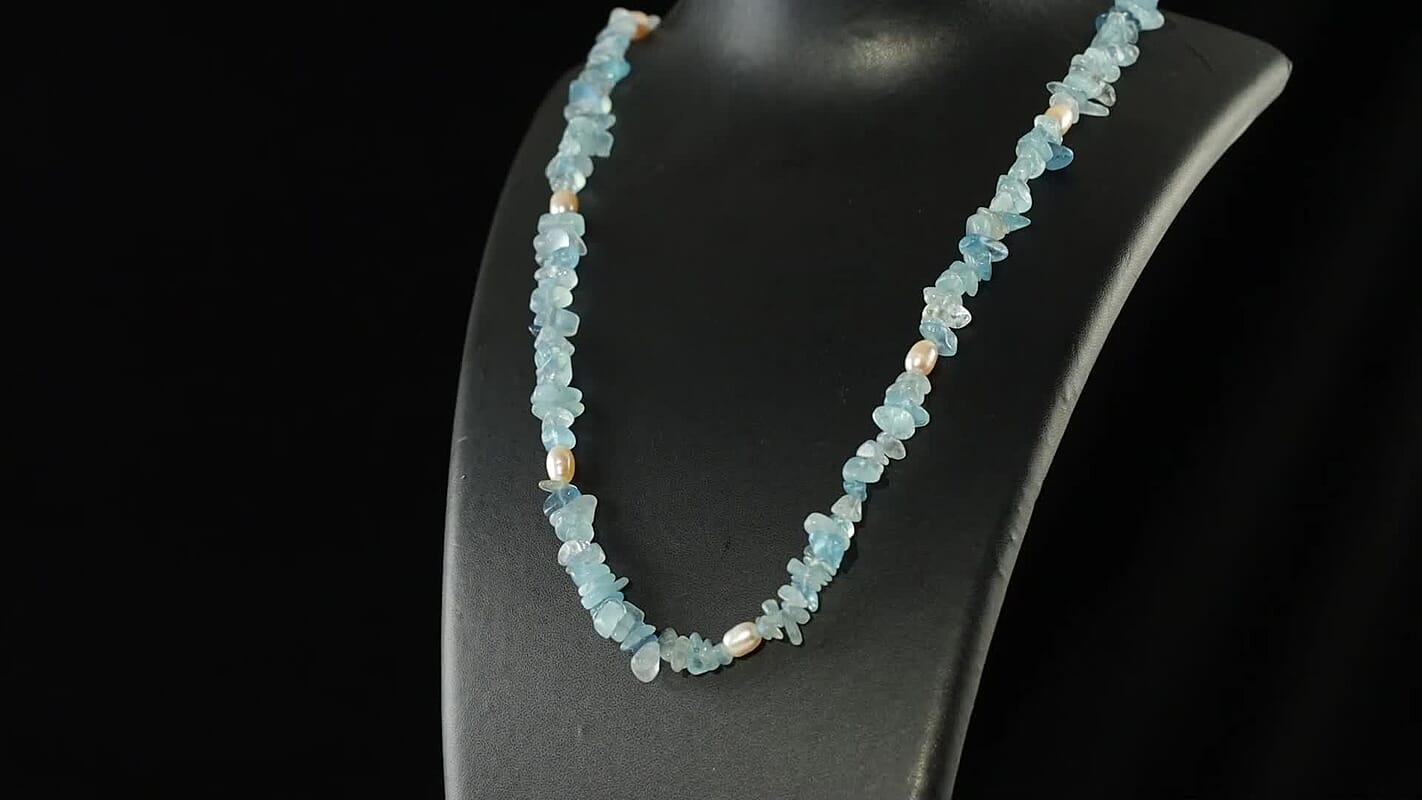 Aquamarine Chips 275.00 ctw and Freshwater Pearl Necklace 28 Inches