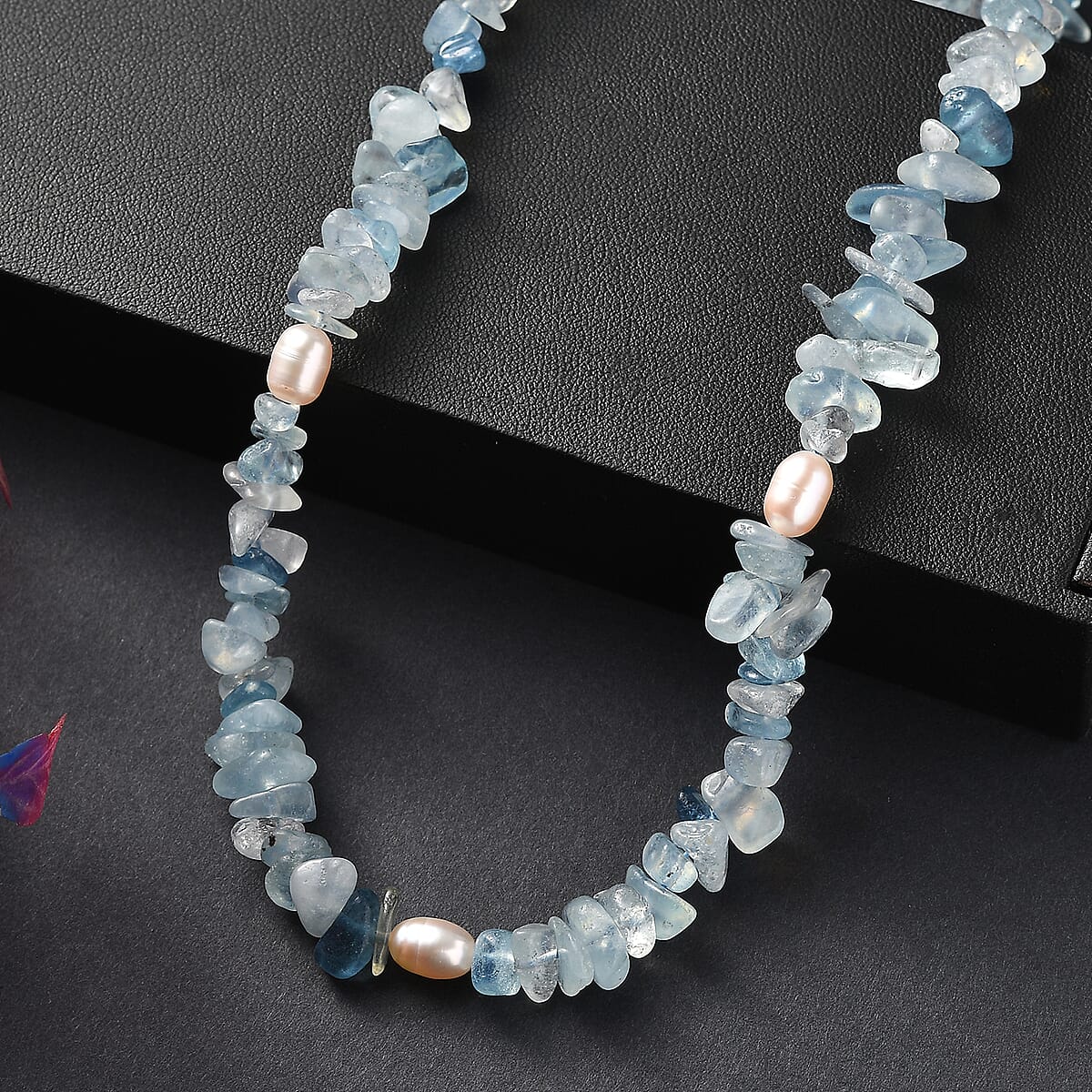 Aquamarine Chips 275.00 ctw and Freshwater Pearl Necklace 28 Inches image number 1