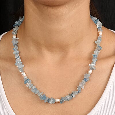 Aquamarine Chips 275.00 ctw and Freshwater Pearl Necklace 28 Inches