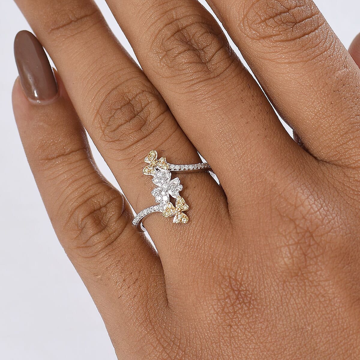 Luxuriant Lab Grown Yellow Diamond (IR) and Lab Grown Diamond VS 0.33 ctw Tri-floral Ring in Rhodium Over Sterling Silver (Size 7.0) image number 2