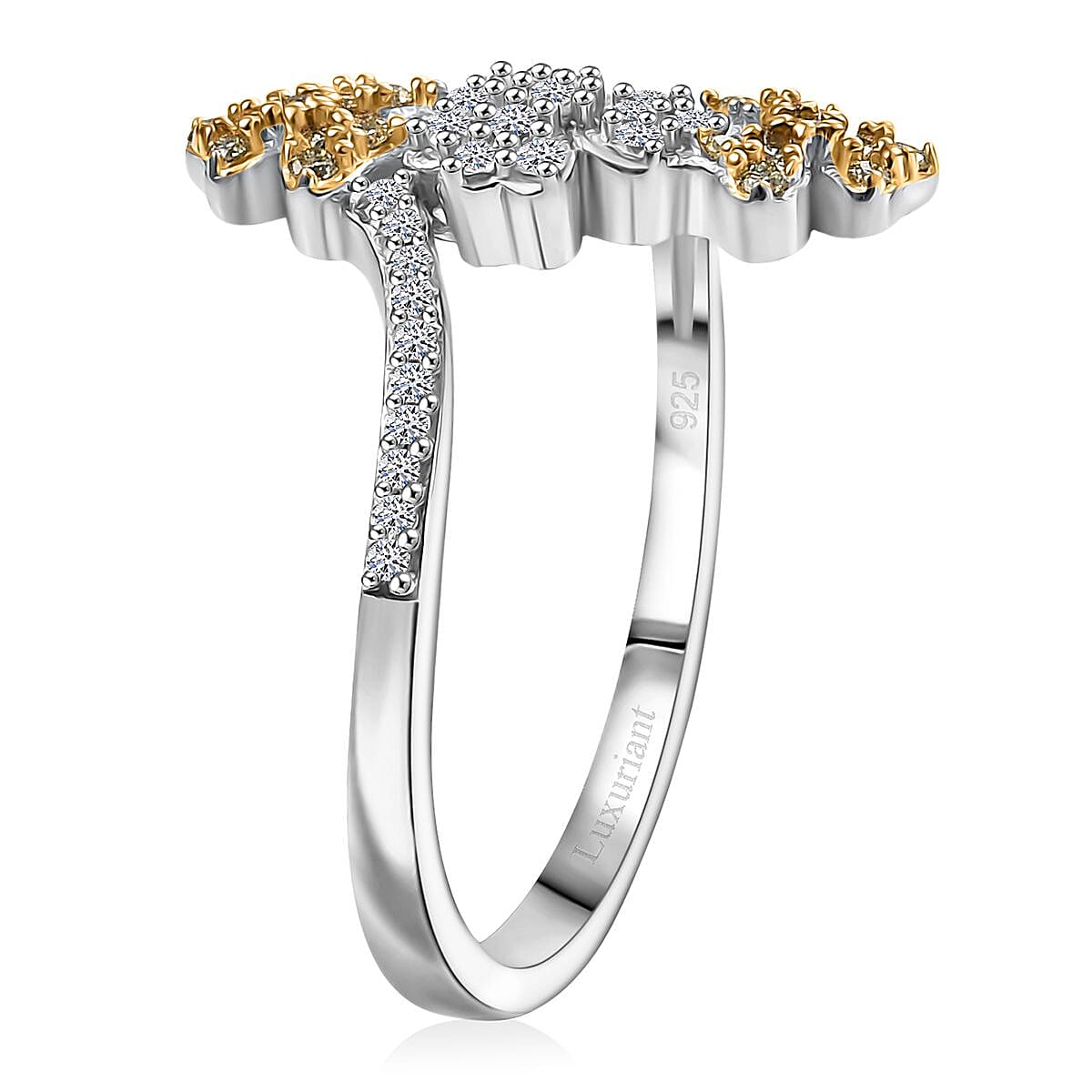 Luxuriant Lab Grown Yellow Diamond (IR) and Lab Grown Diamond VS 0.33 ctw Tri-floral Ring in Rhodium Over Sterling Silver (Size 7.0) image number 3