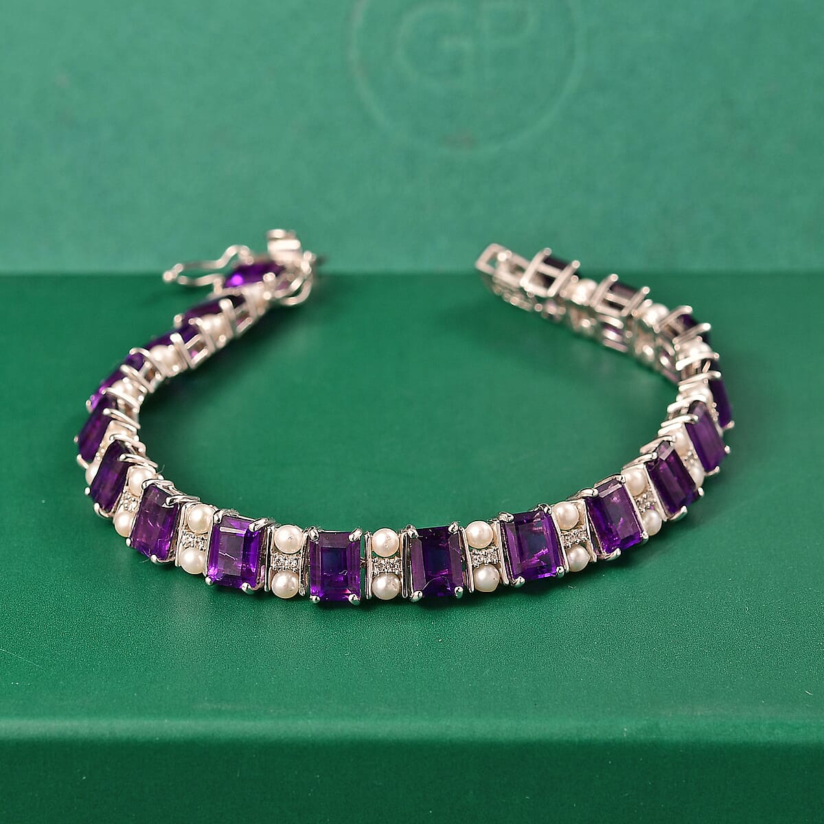 GP Royal Art Deco Collection African Amethyst and Multi Gemstone 16.00 ctw Bracelet in Rhodium Over Sterling Silver (6.50 In) image number 1