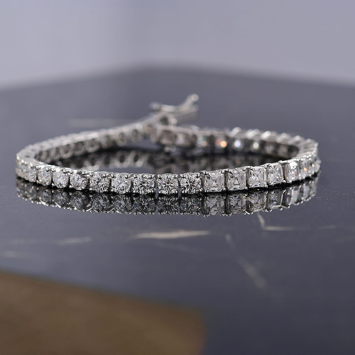D'Joy Asscher Cut Moissanite 10.80 ctw Bracelet in Rhodium Over Sterling Silver (7.25 In)