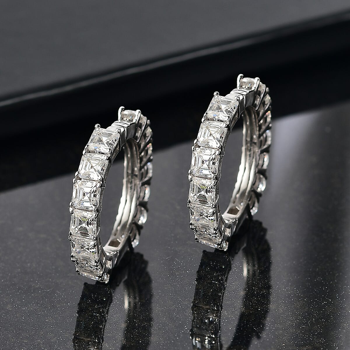 D'Joy Asscher Cut Moissanite 6.70 ctw Hoop Earrings in Rhodium Over Sterling Silver image number 1