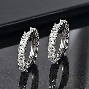 D'Joy Asscher Cut Moissanite Hoop Earrings in Rhodium Over Sterling Silver 6.70 ctw