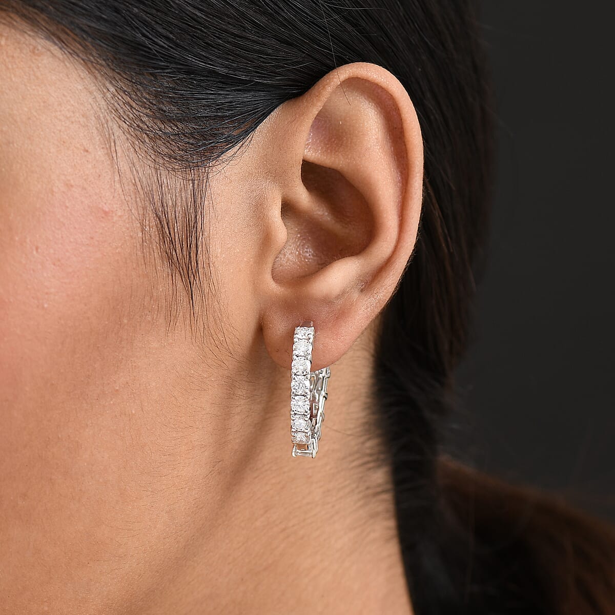 D'Joy Asscher Cut Moissanite 6.70 ctw Hoop Earrings in Rhodium Over Sterling Silver image number 2