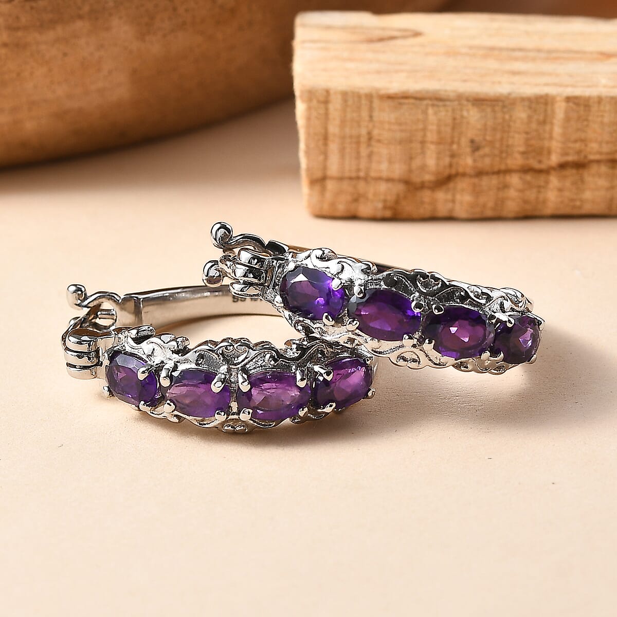 EverTrue African Amethyst Hoop Earrings in  Stainless Steel 3.35 ctw image number 1