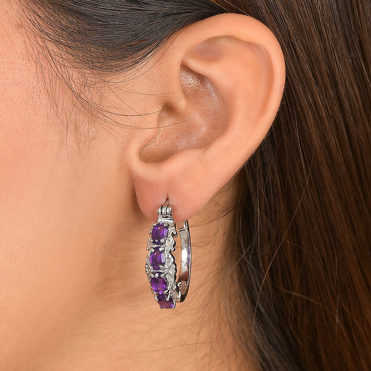 EverTrue African Amethyst Hoop Earrings in  Stainless Steel 3.35 ctw image number 2
