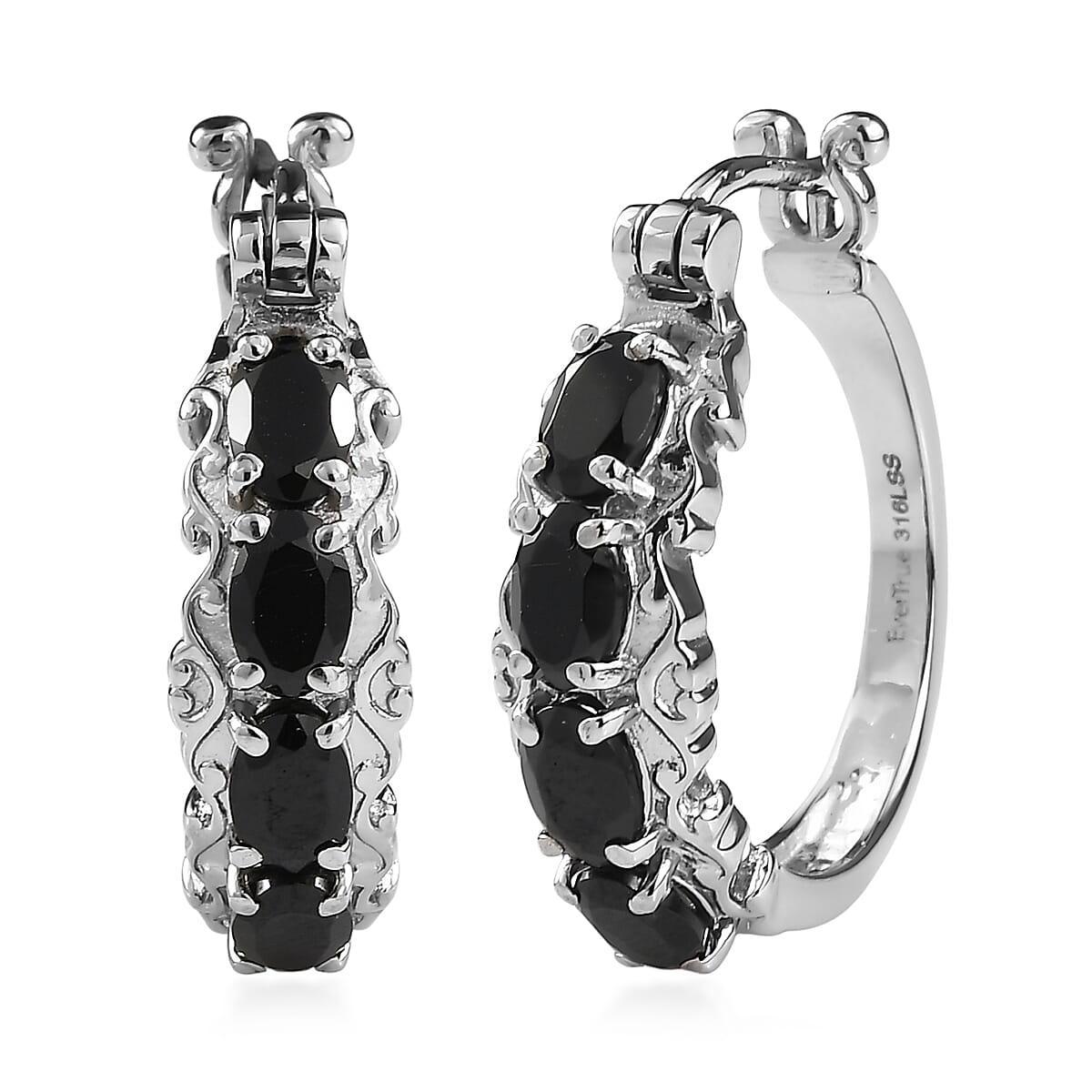 EverTrue Thai Black Spinel Hoop Earrings in Stainless Steel 4.90 ctw