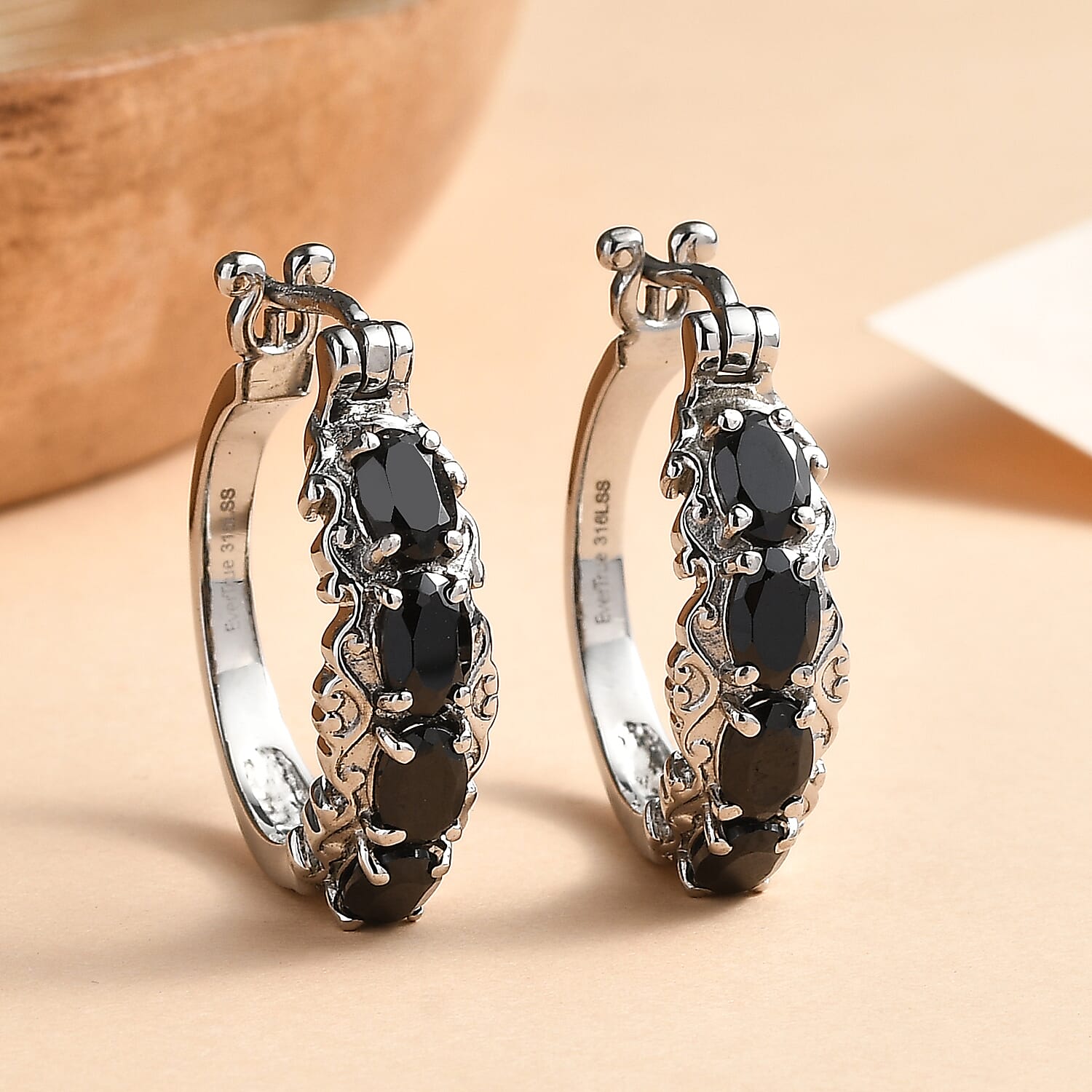 EverTrue Thai Black Spinel Hoop Earrings in Stainless Steel 4.90 ctw