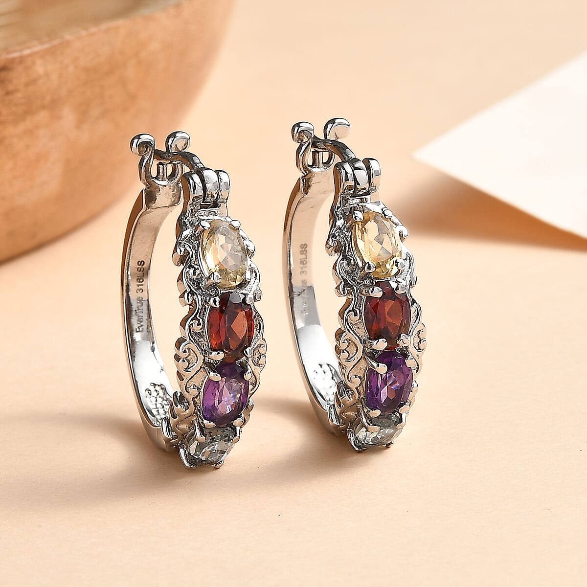 EverTrue Multi Gemstone Hoop Earrings in Stainless Steel 4.31 ctw image number 1