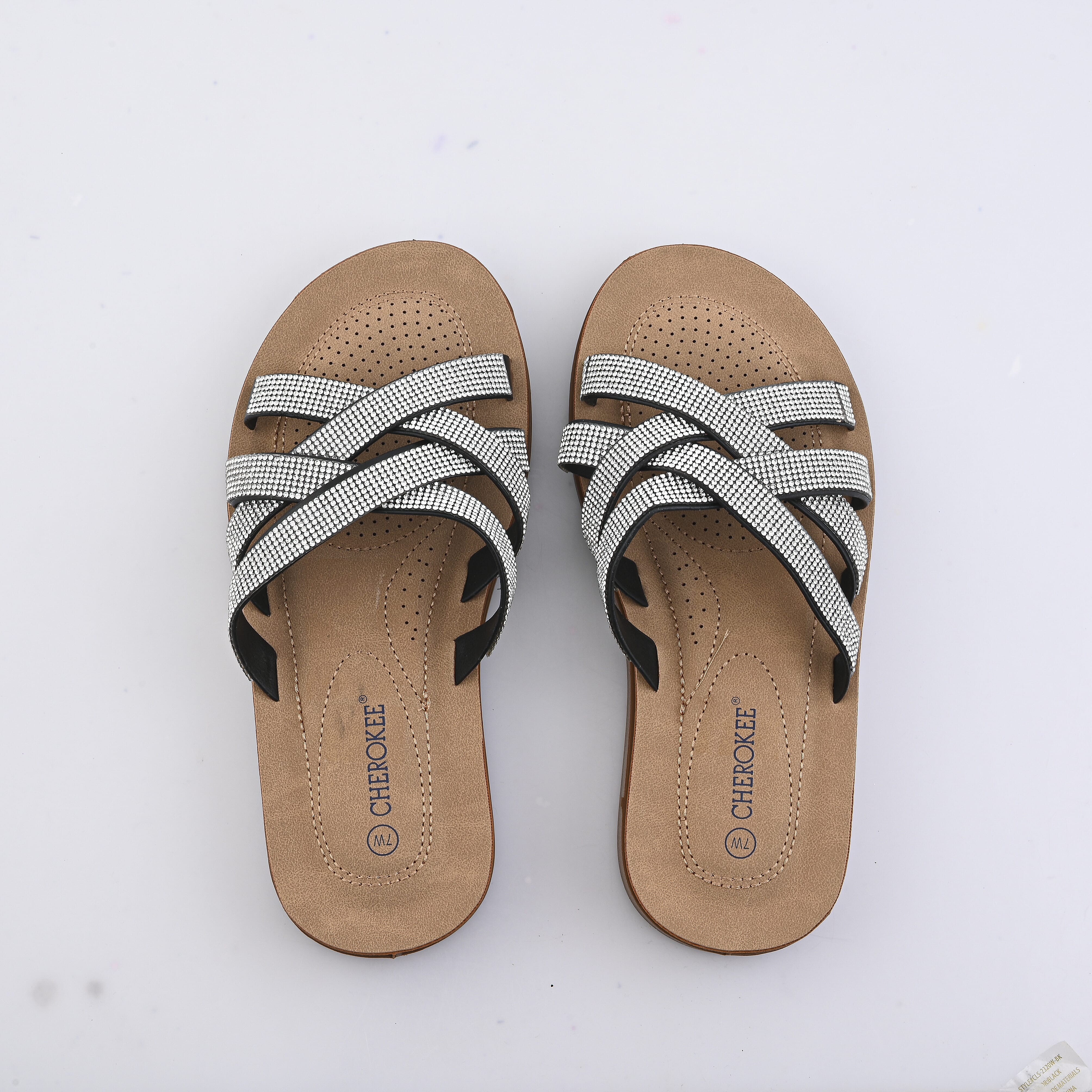 CHEROKEE Black Rhinestone Cross Strap Sandal - Size 6