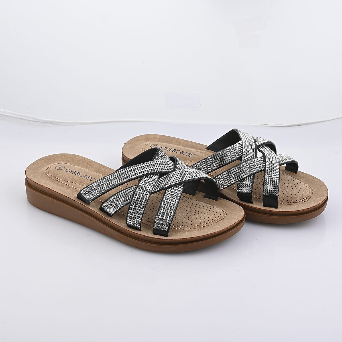 CHEROKEE Black Rhinestone Cross Strap Sandal - Size 7 image number 1