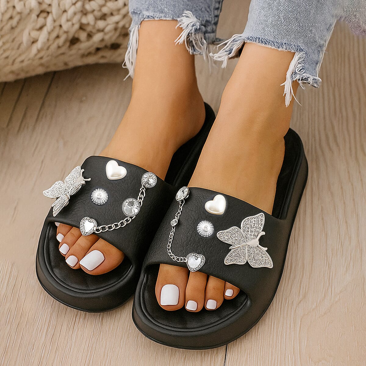 LOVE 83 Black EVA Butterfly Rhinestone Sandals - S (Ships in 5-7 Business Days) image number 1