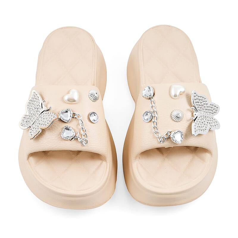 LOVE 83 Cream EVA Butterfly Rhinestone Sandals - S