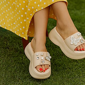 LOVE 83 Cream EVA Butterfly Rhinestone Sandals - S