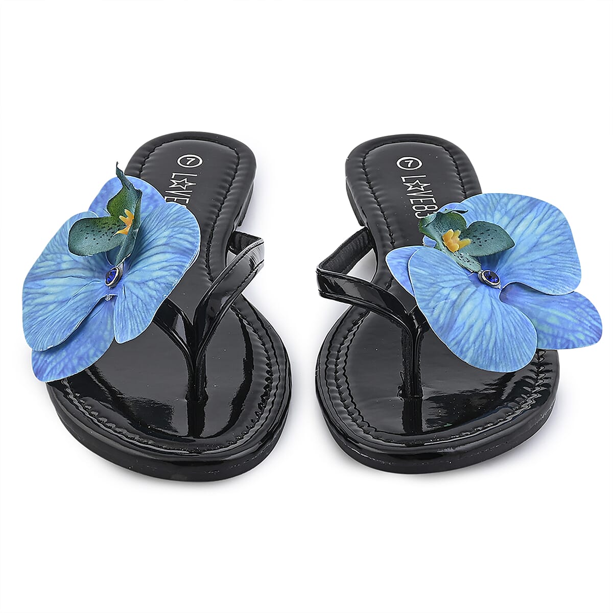 LOVE 83 Black Orchid Flower PU Sandal - Size 6 (Ships in 5-7 Business Days) image number 2