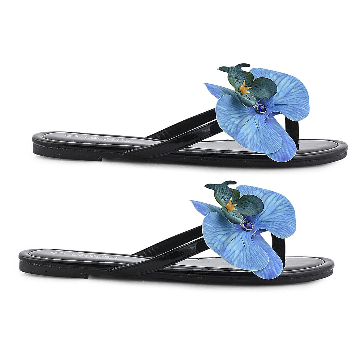 LOVE 83 Black Orchid Flower PU Sandal - Size 6 (Ships in 5-7 Business Days) image number 3