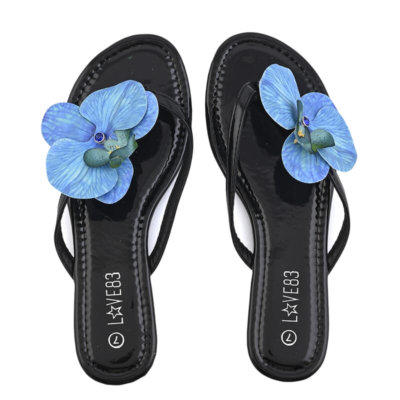 LOVE 83 Black Orchid Flower PU Sandal - Size 6