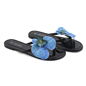LOVE 83 Black Orchid Flower PU Sandal - Size 10