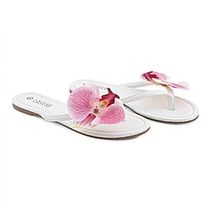 LOVE 83 White Orchid Flower PU Sandal - Size 9