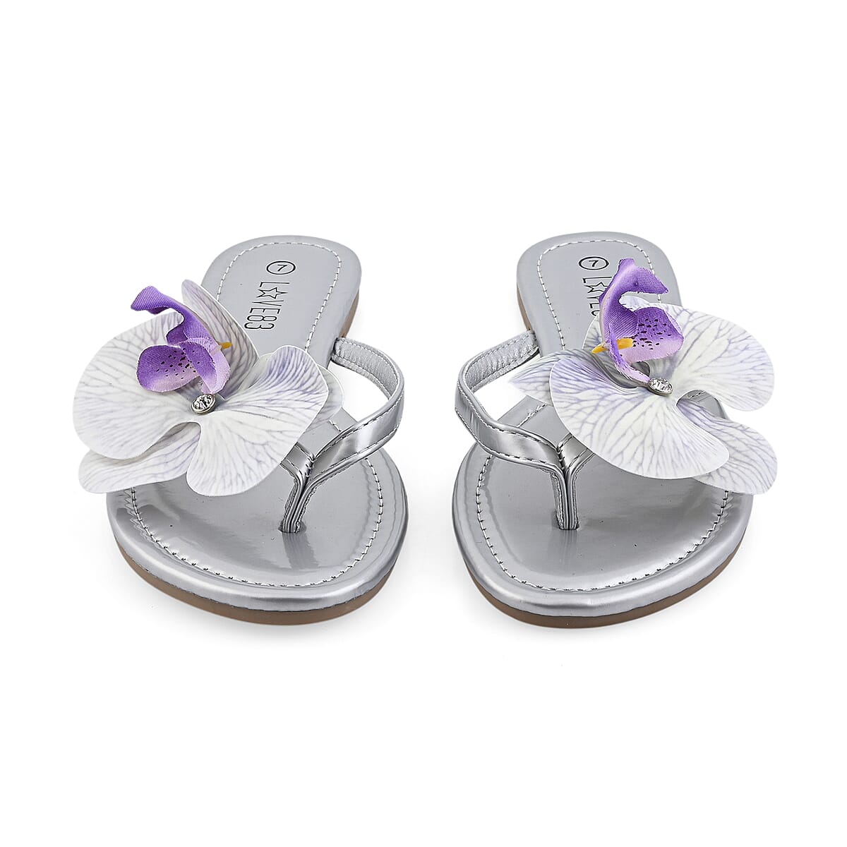 LOVE 83 Silver Orchid Flower PU Sandal - Size 11 (Ships in 5-7 Business Days) image number 1